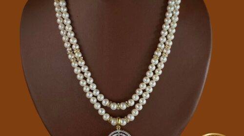 Double Row Pearl Necklace (Blue Onex Stone)