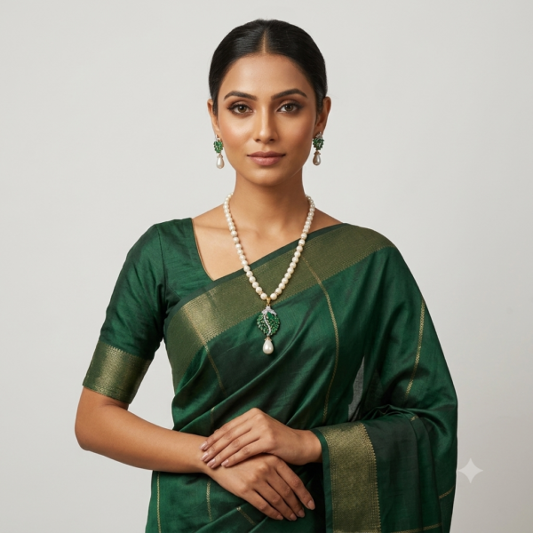 Emerald Pendant Pearl Necklace Set