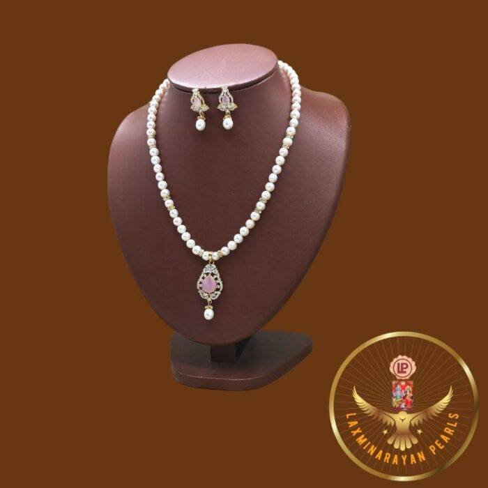 Prestige Single Line Pink Pendant Pearl Necklace Set | Laxminarayan Pearls - Image 2