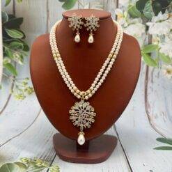 Cz Stone & Pendant Pearl Necklace Set