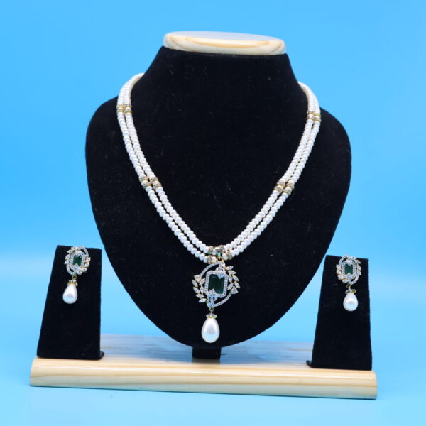 Double Line Pearl & Stone Pendant Necklace - Image 4