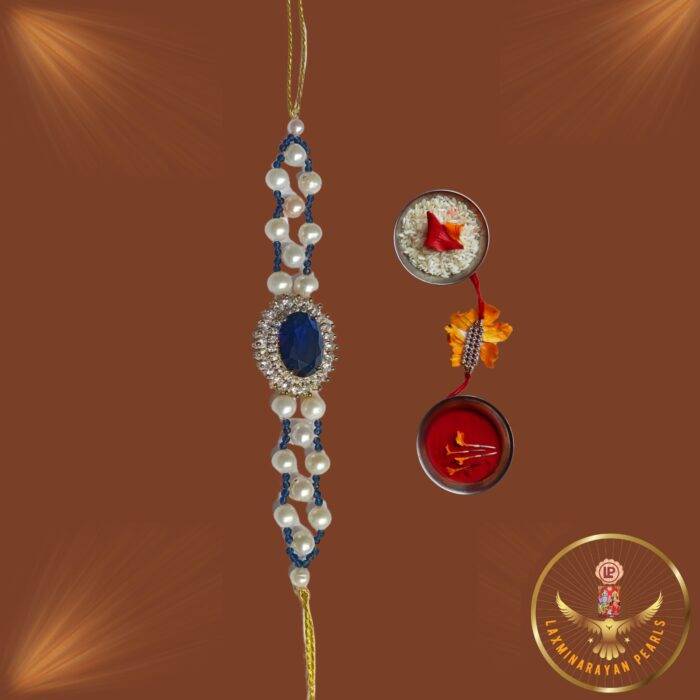 Real Pearl Rakhi With Semi Blue Sapphire