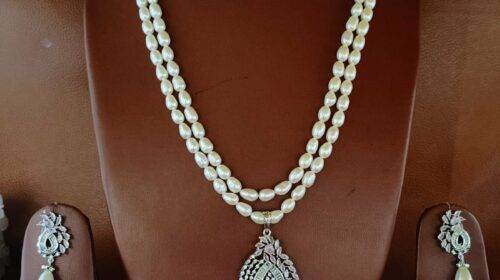 Double Line Long Pearl Necklace with Hanging Earrings | Laxminarayan Pearls