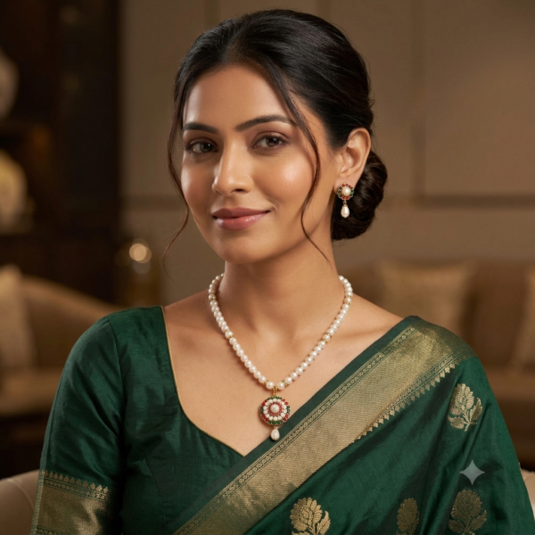 Single Line Pearl Pendant Necklace Set
