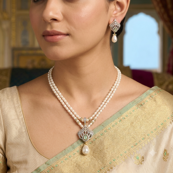 Double Row Pearl With Stone Pendent