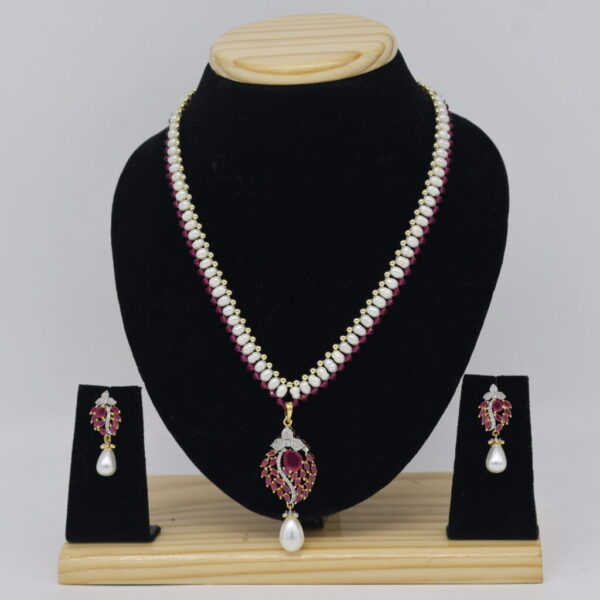 Alternative view of Single Line Ruby Pendant Pearl Necklace Set