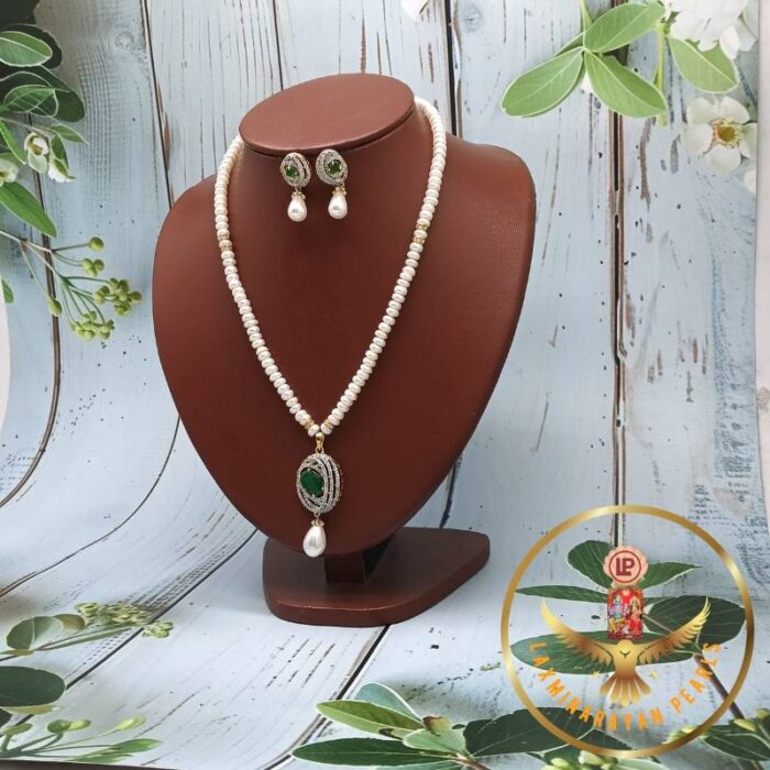 Sophisticated Green Pendant Pearl Necklace Set | Laxminarayan Pearls - Image 3