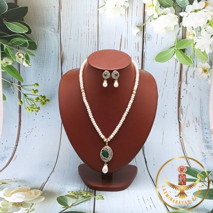 Sophisticated Green Pendant Pearl Necklace Set | Laxminarayan Pearls