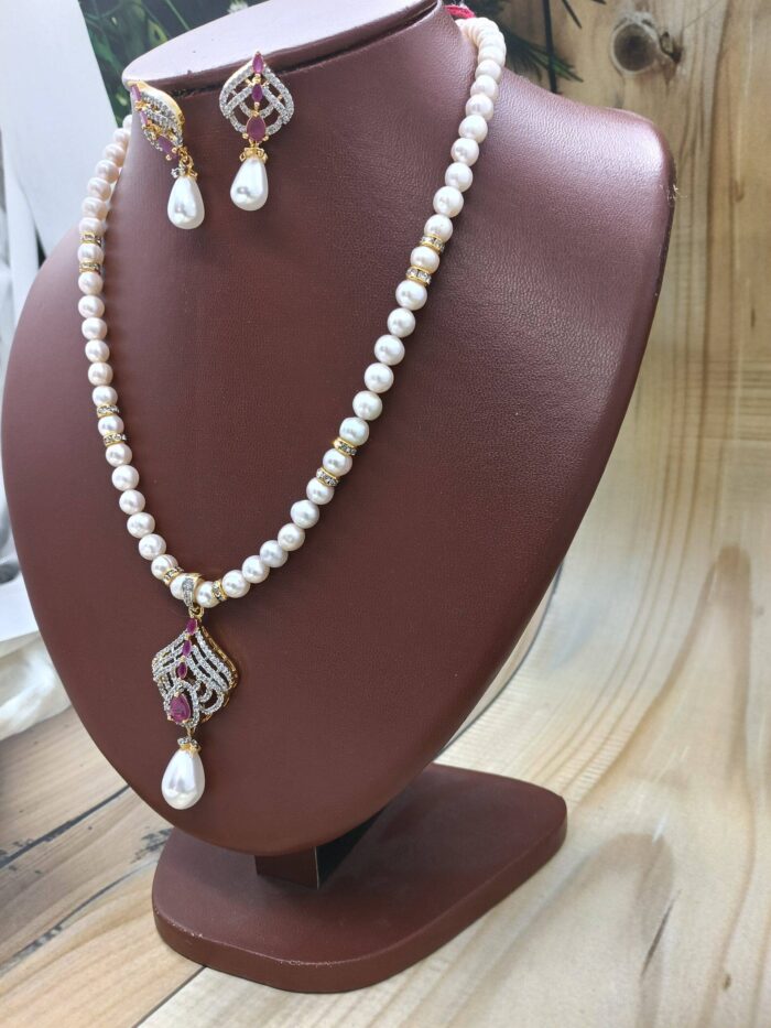 Beautiful Single Row pink Pearl Chakri Necklace And Earrings | Laxminarayan Pearls - Image 4