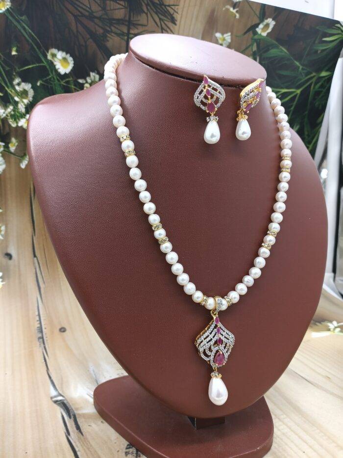 Beautiful Single Row pink Pearl Chakri Necklace And Earrings | Laxminarayan Pearls - Image 2
