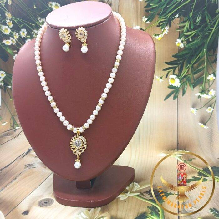 Glamorous Single Line Pendant Pearl Necklace set | Laxminarayan Pearls - Image 3