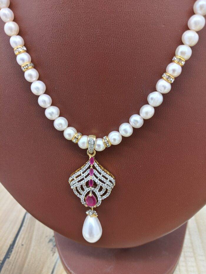 Beautiful Single Row pink Pearl Chakri Necklace And Earrings | Laxminarayan Pearls - Image 3
