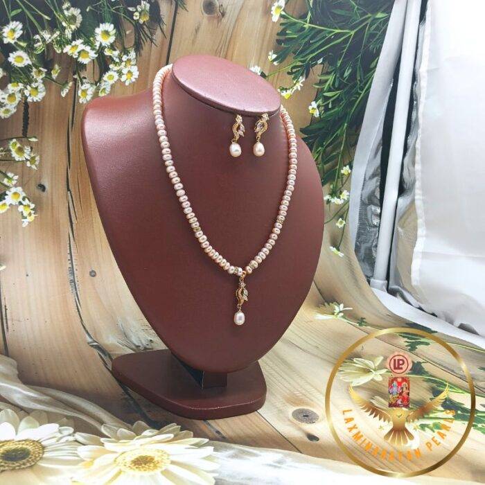 Single Row Pink Pearl With Silver Pendent Set  | Laxmiinarayan Pearls - Image 2