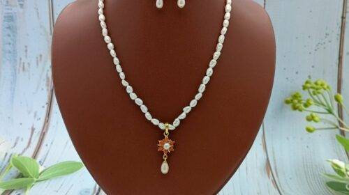Single Row Pearl With Coral Pendent Set III | Laxminarayan Pearls