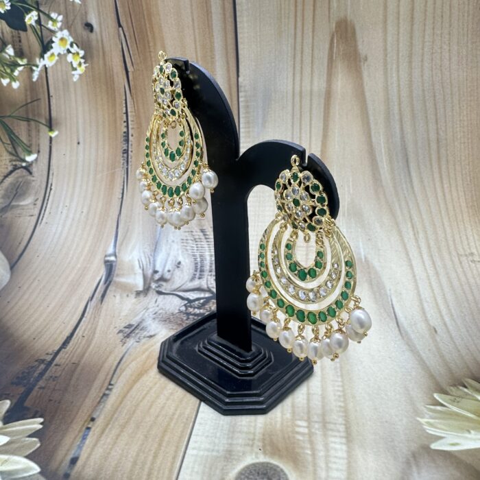 Lavish Green Multi Layer Moon Chandbali Pearl Earrings | Laxminarayan pearls - Image 4