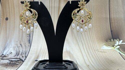 Real White Pearls Red Stone Chand Bali Earrings | Laxminarayan