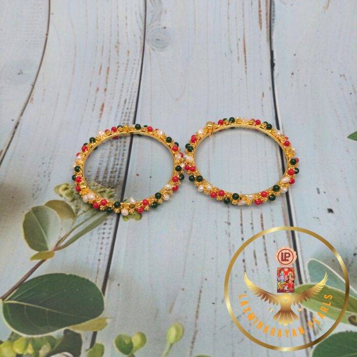 Coral Jade Pearls Bangles Set | Laxminarayan Pearls - Image 3
