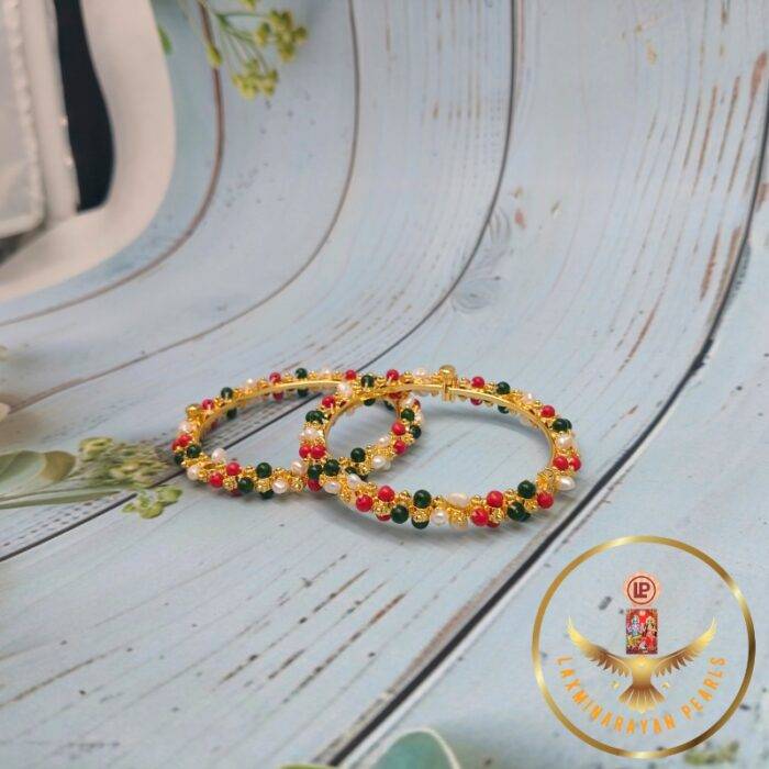 Coral Jade Pearls Bangles Set | Laxminarayan Pearls - Image 4