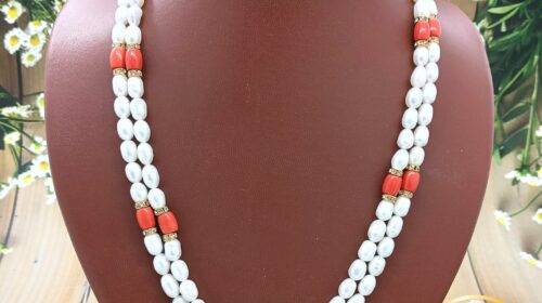Timeless Orange Coral Pearls Double Necklace  | Laxminarayan Pearls
