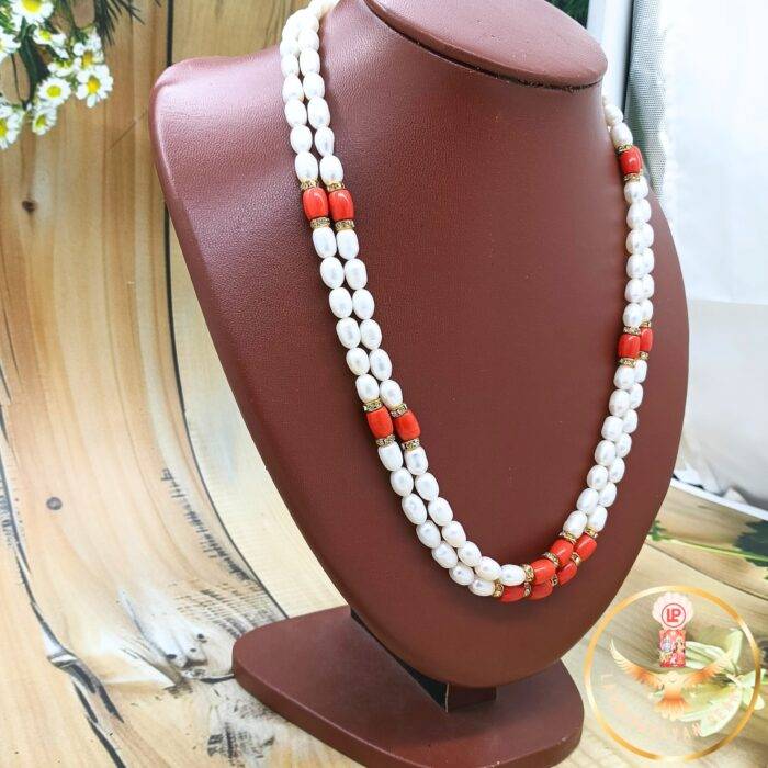 Timeless Orange Coral Pearls Double Necklace  | Laxminarayan Pearls - Image 3