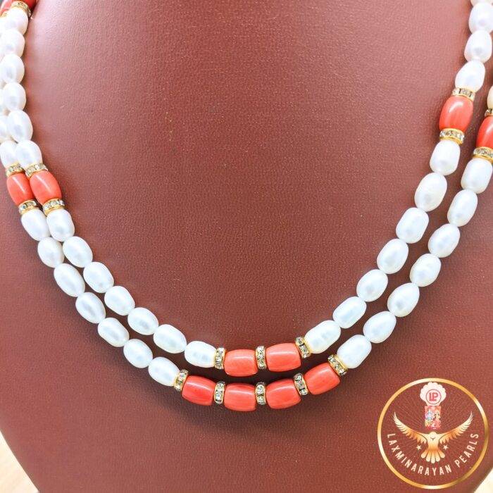 Timeless Orange Coral Pearls Double Necklace  | Laxminarayan Pearls - Image 4