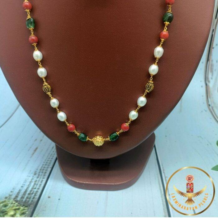 Precious Coral Oval Pearl Necklace Set | Laxminarayan Pearls - Image 3