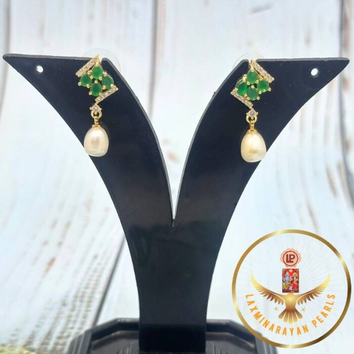 Green Stone Pearls Earrings | Laxminarayan Pearls - Image 3