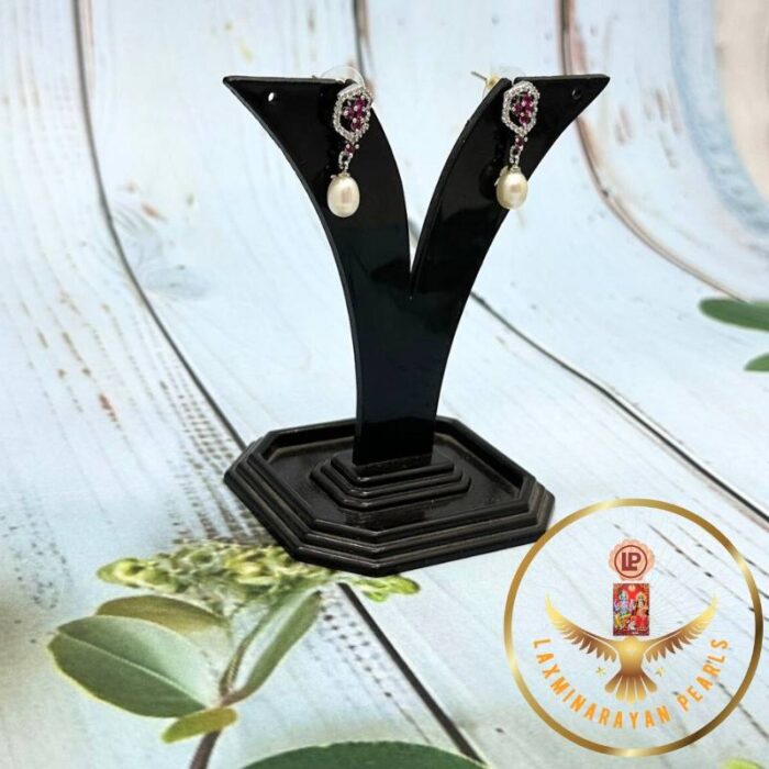 Maroon Stone and Oval Pearl Earrings | Laxminarayan Pearls - Image 3