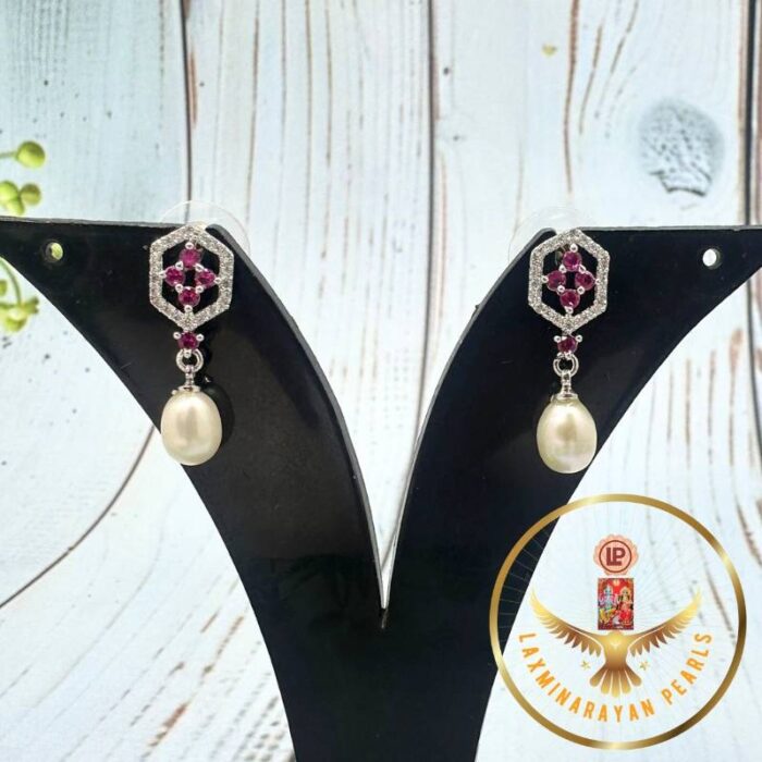 Maroon Stone and Oval Pearl Earrings | Laxminarayan Pearls - Image 4