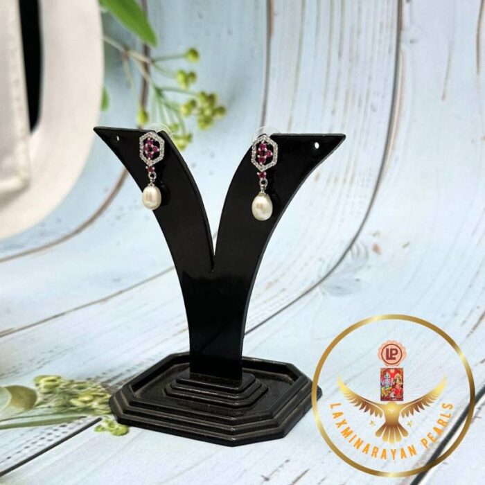 Maroon Stone and Oval Pearl Earrings | Laxminarayan Pearls - Image 2