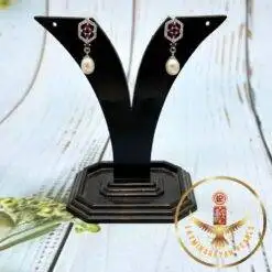 Maroon Stone and Oval Pearls Earrings