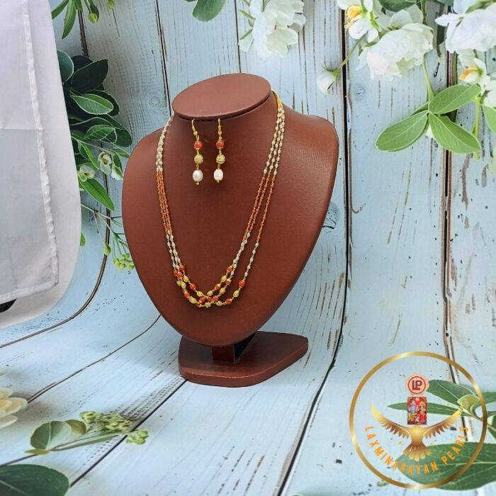Dazzling Coral rice pearls necklace Taar Mala Set | Laxminarayan Pearls - Image 3