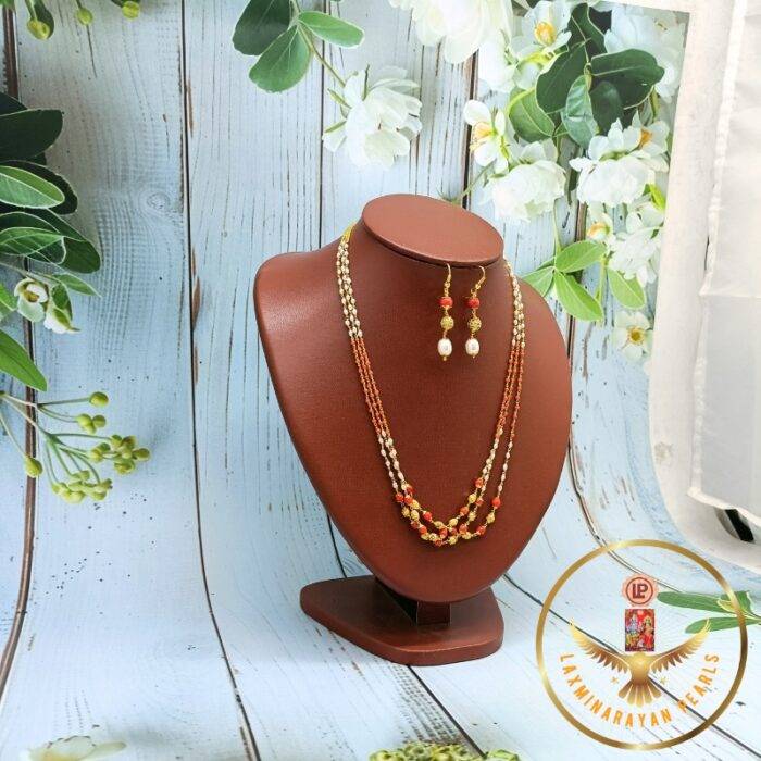 Dazzling Coral rice pearls necklace Taar Mala Set | Laxminarayan Pearls - Image 2