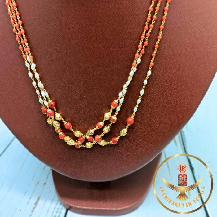 Dazzling Coral rice pearls necklace Taar Mala Set | Laxminarayan Pearls - Image 4