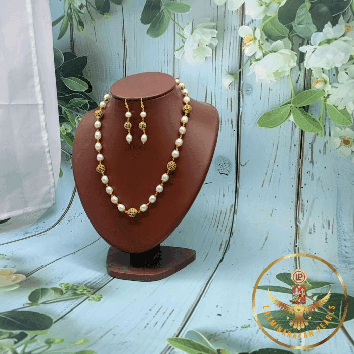 CZ Oval Pearl Necklace Set | Laxminarayan Pearls - Image 2