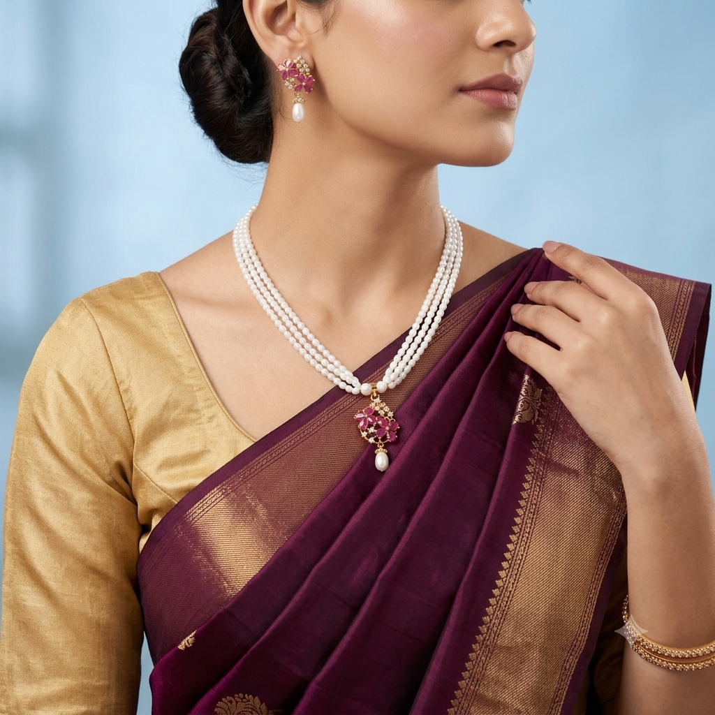 Ruby Pendant Pearl Necklace Set