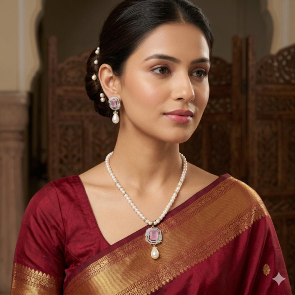 Single Pink Pendant Pearl necklace Set