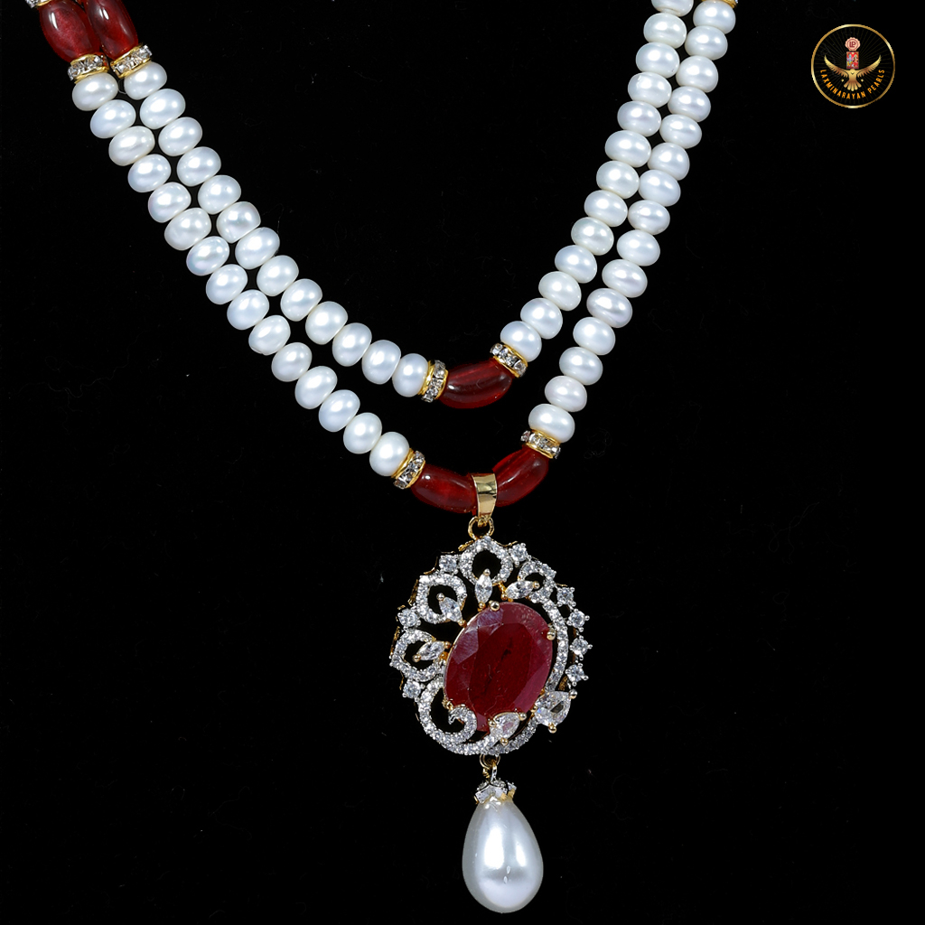 Ruby Pendant Double layer Pearl Necklace Set - Image 2