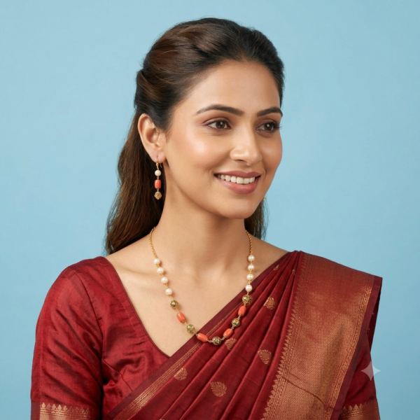 Coral And Pearl Taar Mala Necklace