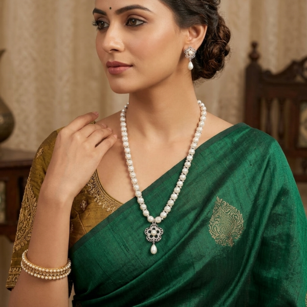 Silver pendant Button Pearl Necklace Set