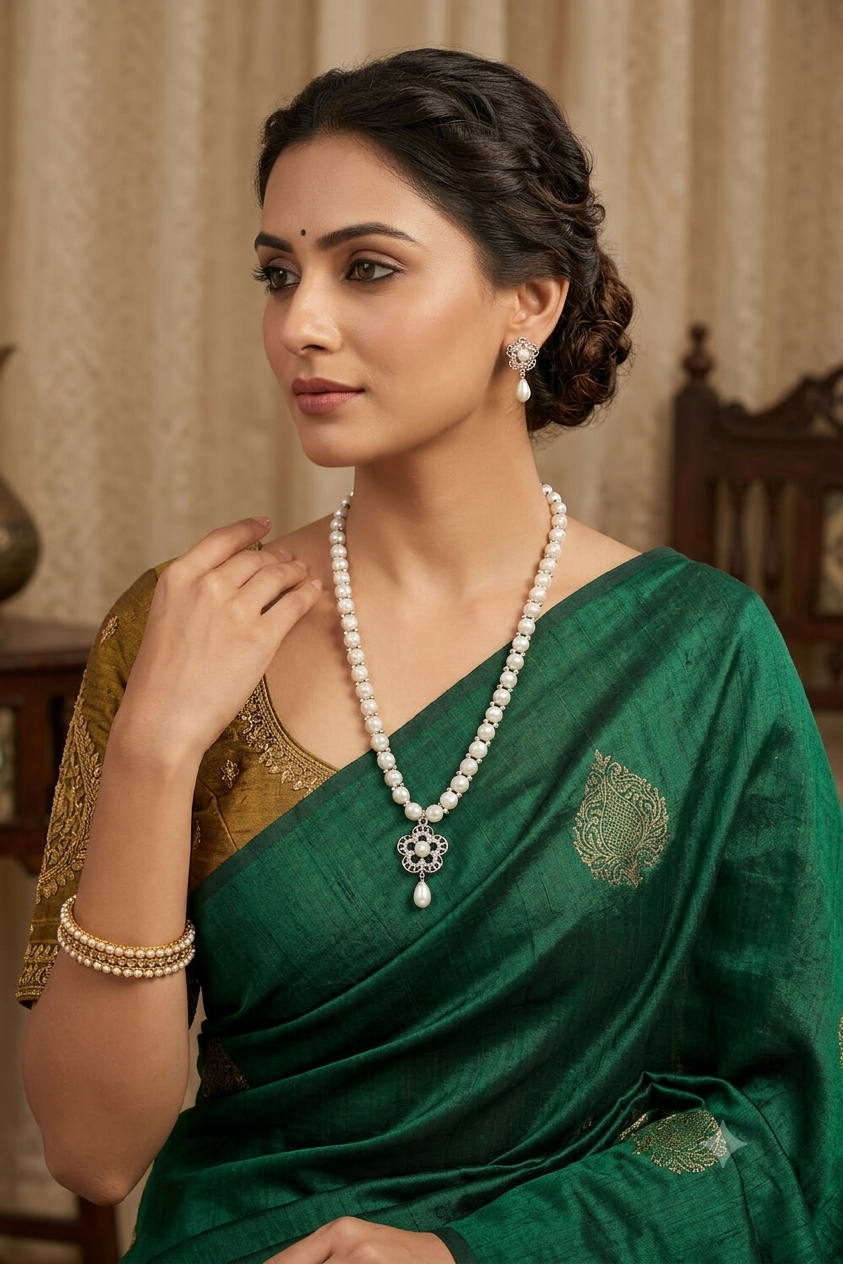 Silver pendant Button Pearl Necklace Set