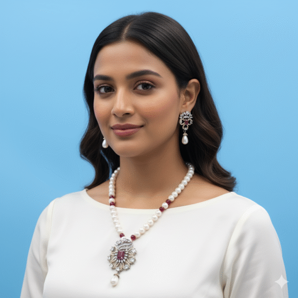 Ruby Black Metal Pendant Pearl Necklace