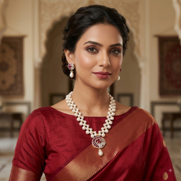 Ruby Pendant Zigzag Pearl Necklace