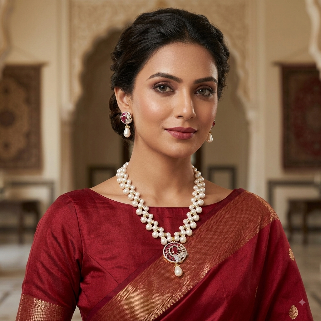 Ruby Pendant Zigzag Pearl Necklace