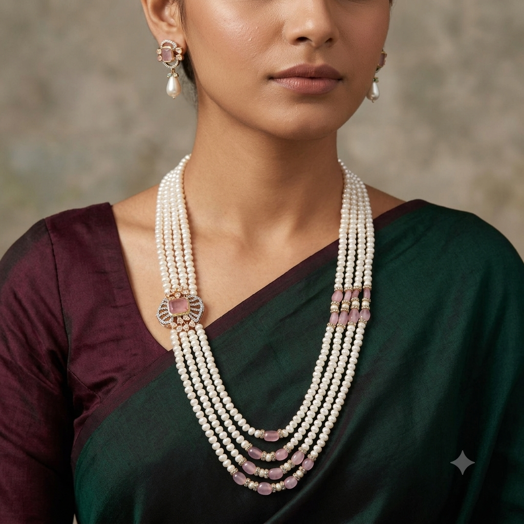 Ruby CZ Pendant Side Brooch Pearl Necklace