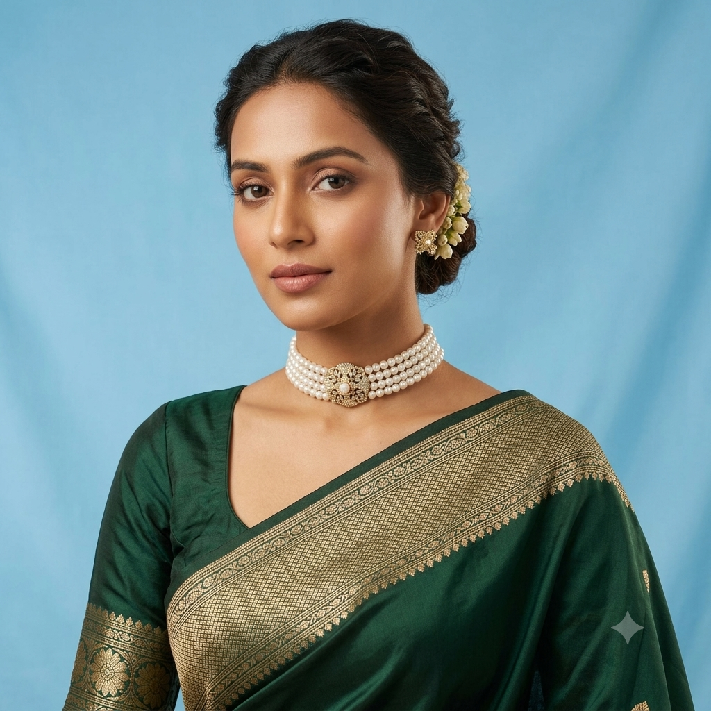 CZ Emerald Pearl Choker Necklace