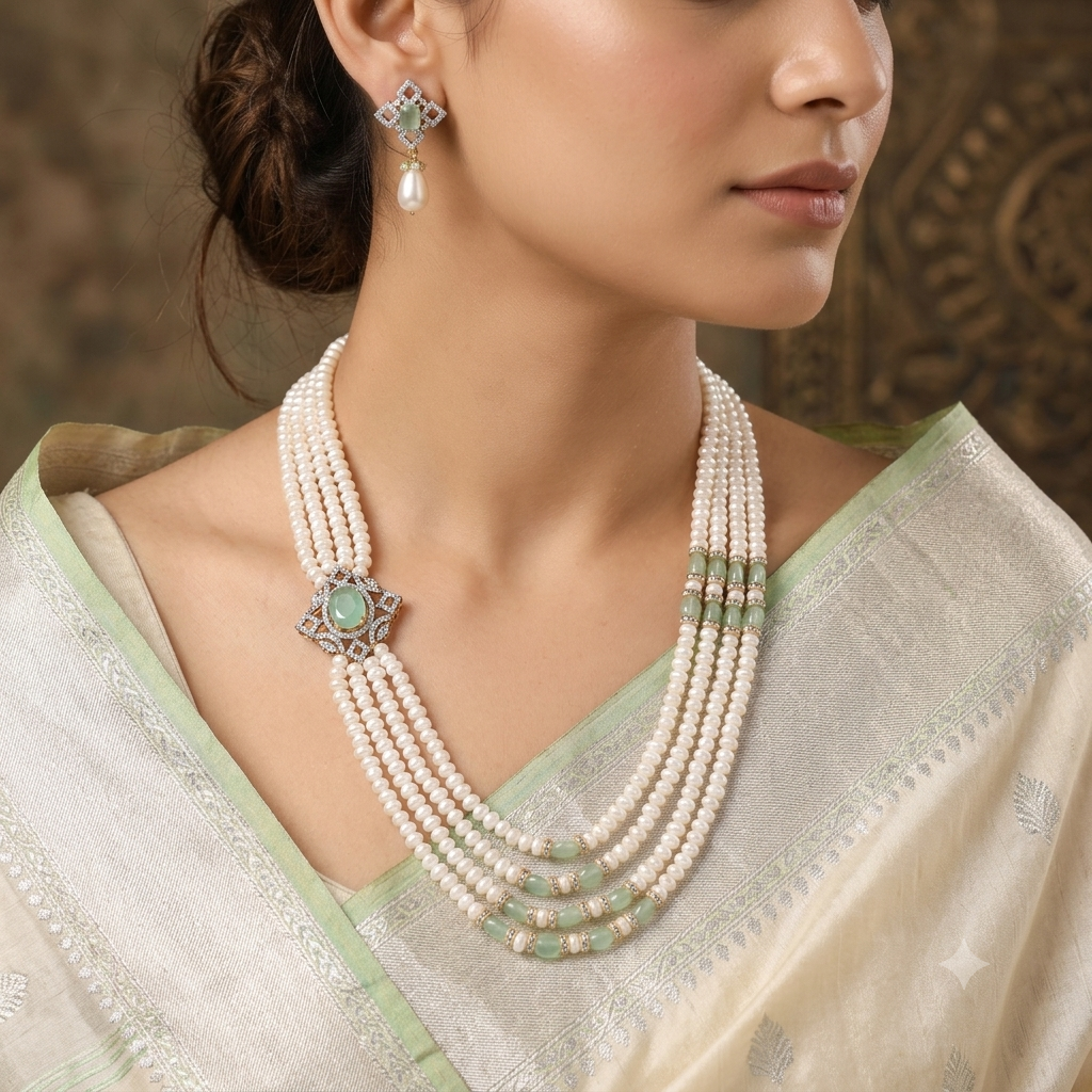 CZ Emerald Side Brooch Pearl necklace