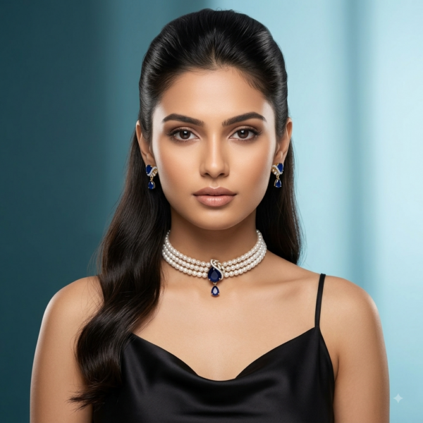 Blue Sapphire Pearl Choker Necklace Set