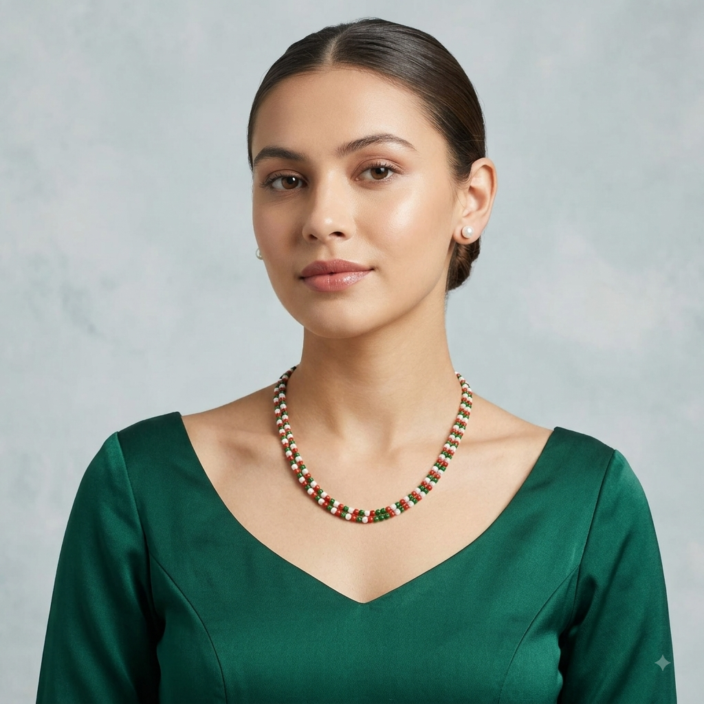 Emerald and Coral Combination Pearl Necklace