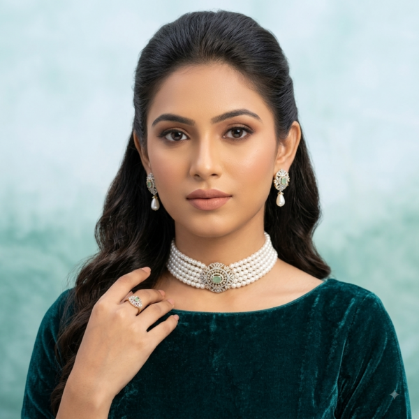 CZ Emerald Pearl Choker
